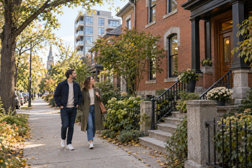 Homebuyers exploring a tree-lined street with brick homes, inspired by Centretown