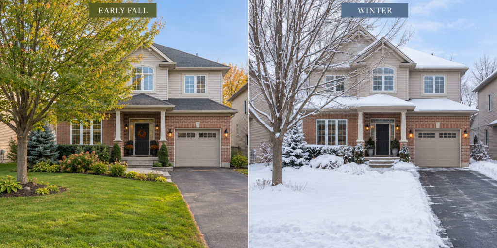Illustration of the same house in early fall with green landscaping and in winter with snow covering the yard.